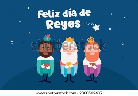 Happy epiphany written in spanish. Three funny wise men. Kings of orient on blue background. Christmas vectors