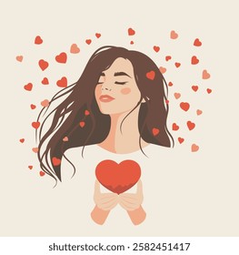 Happy Equality Day, Women's Day. Women's month. A woman holds a heart in her hands on the background of small hearts, a symbol of strength and freedom. Vector postcard in gentle tones for a poster