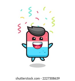 happy eraser mascot jumping for congratulation with colour confetti , cute style design for t shirt, sticker, logo element