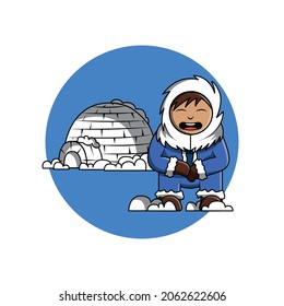 Happy eskimo boy with igloo in behind winter vector illustration