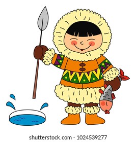 Happy eskimo catching fish on the ice, vector 