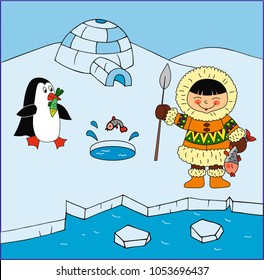 Happy Eskimo and penguin catching fish on the ice and igloo house.