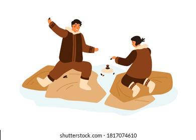 Happy eskimo teenagers playing game having fun together vector flat illustration. Boy and girl build tower use stones isolated. Cheerful people in traditional folk costumes spending time outdoor