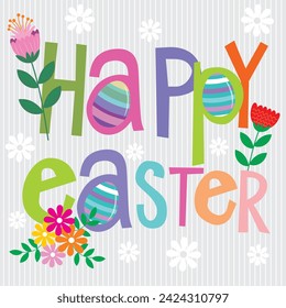 Happy ester card design with colorful text, flowers and eggs