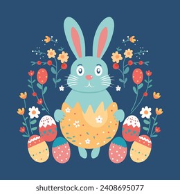 Diseño de ilustración de Happy Ester day. Conejo pequeño en un huevo.