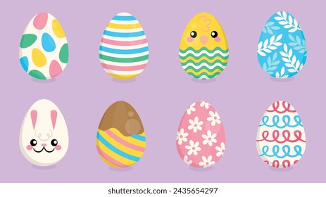 Happy Ester Icons Set. Easter Eggs with Realistic Ornament Pattern Vector Illustration