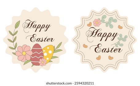 Happy Esther, Holi Holidays vector illustration, design with bunnies, colored eggs, flowers and basket. Suitable for label design, stickers labels, stamps in retro style