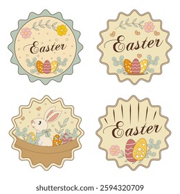 Happy Esther, Holi Holidays vector illustration, design with bunnies, colored eggs, flowers and basket. Suitable for label design, stickers labels, stamps