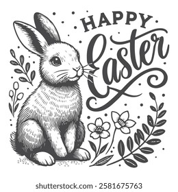 Happy Esther, lettering. Rabbit, bonnie symbol isolated on background