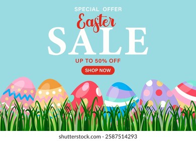 Happy Esther Sale banner for social media post template. Easter sale design with eggs and green grass. Modern minimalist style.