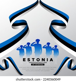 Happy Estonia Independence day design with soldiers silhouette and wavy flag vector.