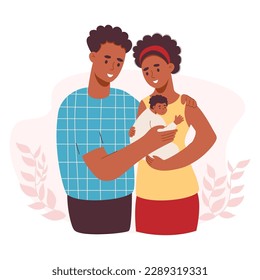 Feliz familia étnica con recién nacidos. Una joven pareja negra con un hijo y un marido. Ilustración vectorial en estilo plano