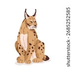 Happy Eurasian lynx sits and relaxes. Cute big wild cat with tufts on its ears and spotted coat. Wildlife of European forest. Fauna of woodland. Flat isolated vector illustration on white backgroun