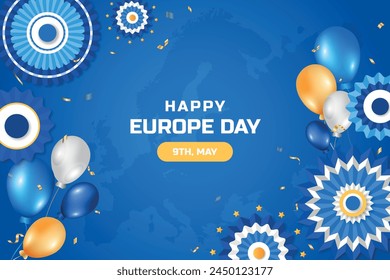 Happy Europe Day background. 9th May. Happy Europe independence day realistic background with balloons and paper rosettes