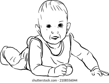 Happy european baby infant learning to crawl on bed. Newborn baby, Care and Love. Raising Newborn in the family.