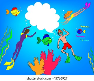 The happy European family, the husband, the wife and the son, is engaged in diving against the sea, corals and fishes