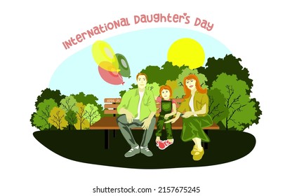 Happy European family sits on a park bench in sunny weather with balloons. Family, mothers, childrens, fathers, sons, daughters, siblings day celebration conceptual vector design.