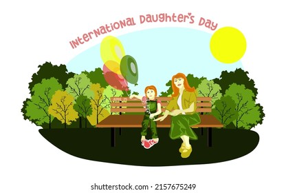 Happy European family sits on a park bench in sunny weather with balloons. Family, mothers, childrens, fathers, sons, daughters, siblings day celebration conceptual vector design.