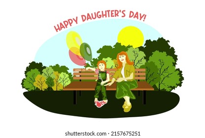 Happy European family sits on a park bench in sunny weather with balloons. Family, mothers, childrens, fathers, sons, daughters, siblings day celebration conceptual vector design.