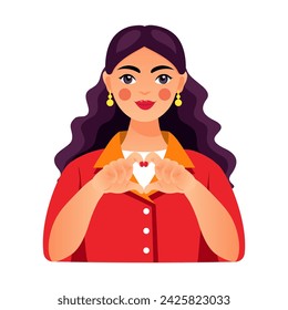 Happy european girl shows a heart symbol with her hands. A young woman holds her hands in the shape of a heart. Concept for International Women's Day, Valentine's Day, love. Vector illustration.