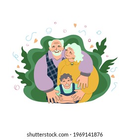 Happy european grandparents with a little boy. Elderly europeans, caucasians smiling. Love, bond concept, old family members together with grandchild. Doodle style vector illustration
