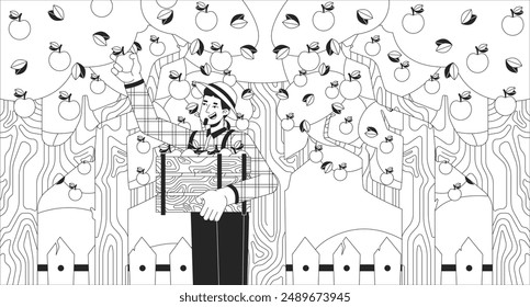 Hombre europeo feliz recogiendo manzanas en el jardín negro y blanco ilustración de línea. Hombre caucásico cosechando frutas 2D carácter monocromo de fondo. Escena de la agricultura orgánica Imagen de Vector