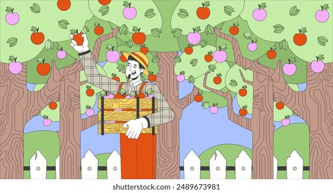 Hombre europeo feliz recogiendo manzanas en ilustración plana de dibujos animados de jardín. Hombre caucásico cosechando frutas 2D línea carácter colorido fondo. Escena de la agricultura orgánica Vector narración Imagen