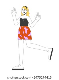 Happy european woman showing peace gestures 2D linear cartoon character. Young caucasian female having fun isolated line vector person white background. Positive attitude color flat spot illustration