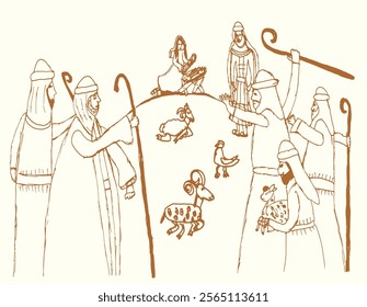 Happy even night old east wise king magi symbol lamb crib scene believe greet card. Line pen pencil hand drawn cute holy Lord messiah belief history icon sketch cheer joy art retro faith story picture