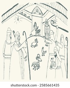 Happy even night old east wise king magi symbol lamb crib scene believe greet card. Line pen pencil hand drawn cute holy Lord messiah belief history icon sketch cheer joy art retro faith story picture