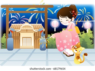 Happy Event with Attractive People - enjoying oriental big party with an asian lovely young female and cute cat on a background of beautiful night blue sky and traditional temple : vector illustration