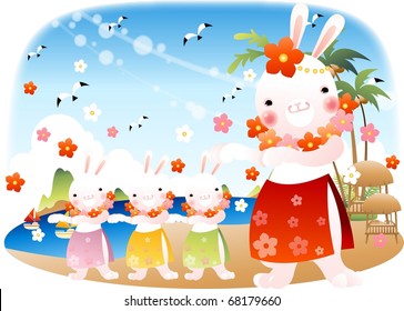 Happy Event with Attractive People - enjoying traditional party with cute pretty female rabbits on exotic sandy beach on a background of bright sunny blue sky and beautiful water : vector illustration