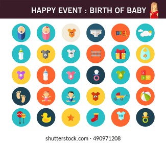 happy event : birth of baby concept flat icons.