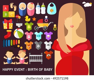 happy event : birth of baby concept background. Flat icons.