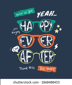 happy ever after in colorful sunglasses illustration for boy fashion print