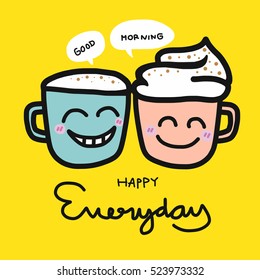 Happy everyday coffee cup cartoon illustration on yellow background