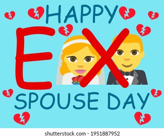 Happy Ex Spouse Day Text Against Married Couple With Broken Hearts On Light Blue Background,greeting Card,vector Illustration