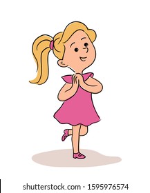 Happy excited amused pretty little girl in dress standing on one leg with folded palms on chest isolated on white. Cute female child rejoicing surprise from invisible friend. Vector flat illustration