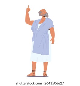 Happy excited ancient elderly philosopher cartoon character pointing finger up having genius idea attained wisdom standing isolated on white background. Antique thinker portrait vector illustration
