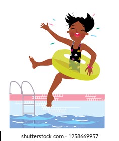 Happy excited black girl wearing swimming ring jumping in the water in the pool. Vector illustration