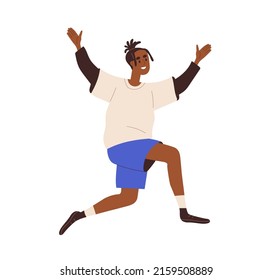 Happy excited black man smiling, rejoicing, running with joy, exulting. Joyful delighted guy with positive emotion. Cheerful joyous person. Flat vector illustration isolated on white background