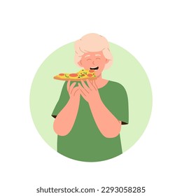 Happy excited boy child eating pizza slice with tomato, salami and cheese feeling satisfaction