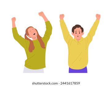 Happy excited boy and girl cartoon characters rejoicing screaming with joyful emotion raising hands