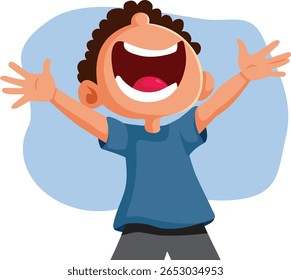 
Happy Exited Boy with Hands in the Air Vetor Cartoon. Criança engraçada expressando entusiasmo e alegria com sua linguagem corporal
