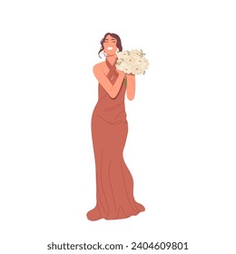 Happy excited bridesmaid cartoon character catching flower bouquet isolated on white background