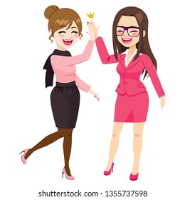 Happy excited business women making high five with palm hands 