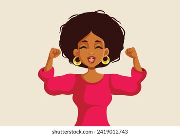 
Happy Excited Content Woman of African Ethnicity Vector Character. Cheerful girl celebrating success and achievement in life 
