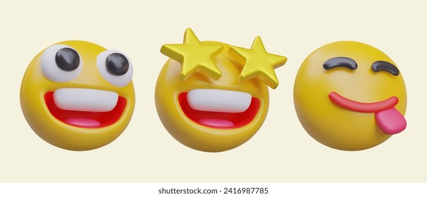 Happy excited emoticons. Set of realistic yellow models, angle view. Delight, celebration, deliciousness. Funny images in cartoon style. Positive reaction