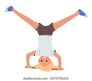 Happy excited girl child character standing upside down on hands and head vertex isolated on white background. Funny cute smiling kid balancing showcasing joy and fun emotion vector illustration