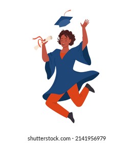 Happy excited girl jumping with graduation diploma. Student at graduate ceremony, academic cap and robe, university bachelor degree, finished studies cartoon vector illustration